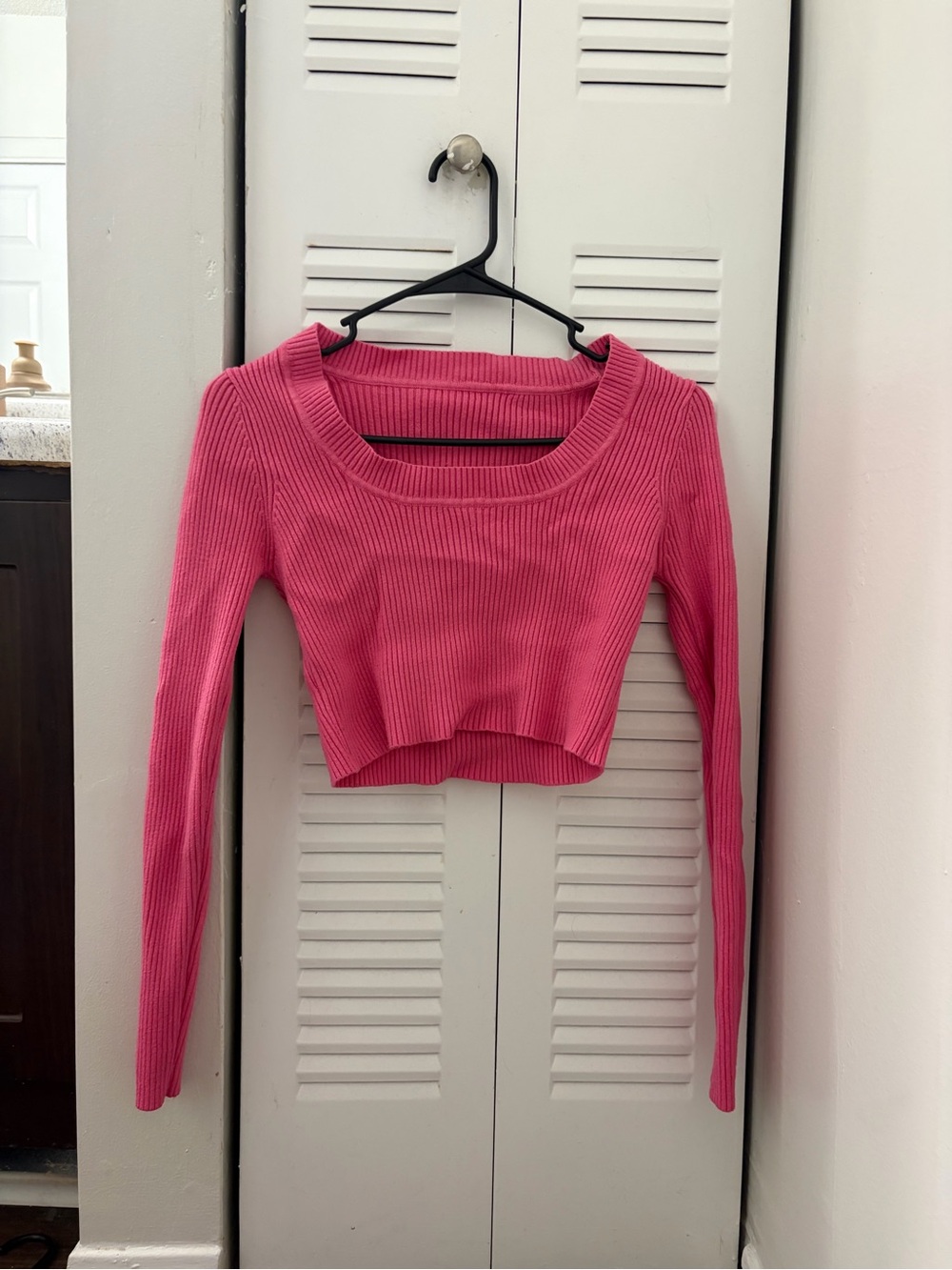 SHEIN Hot Pink Ribbed Long Sleeve Crop Top